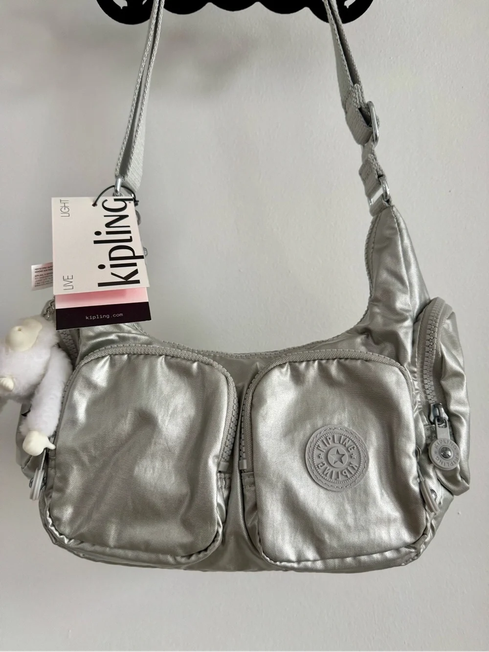 Kipling Metallic Silver Shoulder Crossbody with Front Pockets